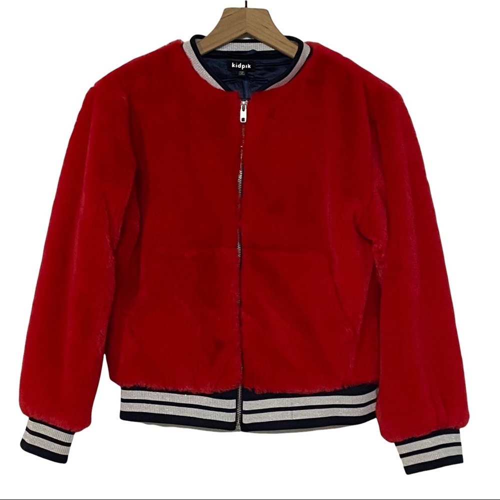 Kidpik Girls‎ Youth Faux Fur Full Zip Fall Winter Bomber Jacket SZ 16 in Red